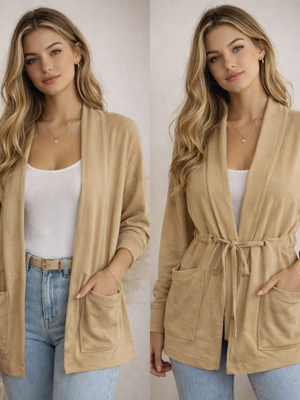 Knox Rose Soft Gold-Camel Open-Front Cardigan